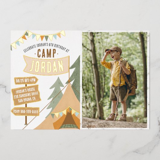 シャイニーキャンピングアウトドアボーイフォトバースデーパーティー 箔招待状 (正面)