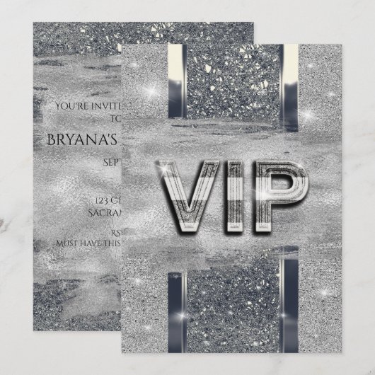 シャイニーシルバーメタリック VIP パーティー招待状 招待状 (正面/裏面)