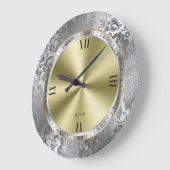 シャイニーシルバー&金ゴールドデザインTouchのダマスク ラージ壁時計 (傾斜)
