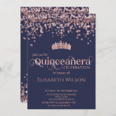 シャイニーバラ金ゴールド紙吹雪ティアラQuinceaenera navy 招待状 (正面/裏面)