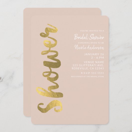 シャイニーフェイクゴールドフォイルベージュグラムブライダルシャワー 招待状 (正面/裏面)