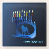 シャイニーブルーチャヌカー(ユダヤ教)メノラー ガラスコースター (正面)