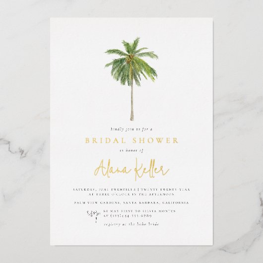シャイニーミニマルパームツリートロピカルブライダルシャワー 箔招待状 (正面)