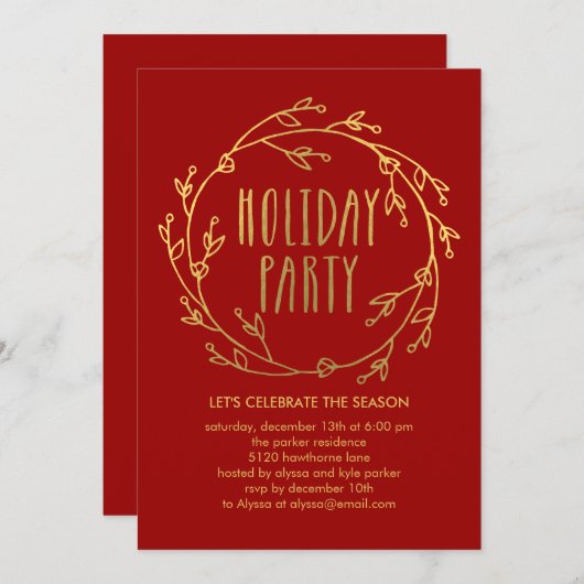 シャイニーリースホリデーパーティ招待状-レッド 招待状 (正面/裏面)