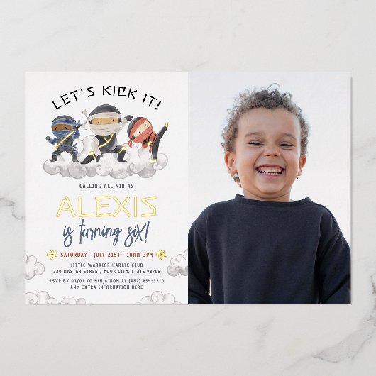 シャイニーLet's Kick It忍者空手フォト誕生日 箔招待状 (正面)