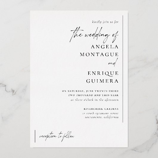 シャイミニマルタイポグラフィ&ロマンチック結婚写真 箔招待状 (裏面)