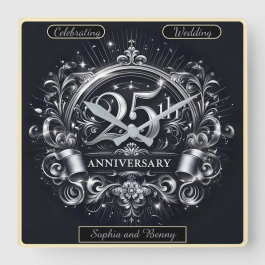 シャイミングシルバー:25周年記念 スクエア壁時計 (正面)