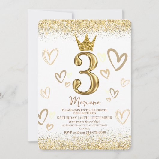 シャインクラウン金ゴールドグリッターガールバースデーパーティー 招待状 (正面)