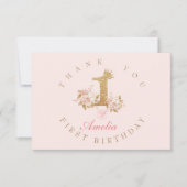 シャインピンク金ゴールドクラウンプリンセス1st誕生日パーティー サンキューカード (正面)