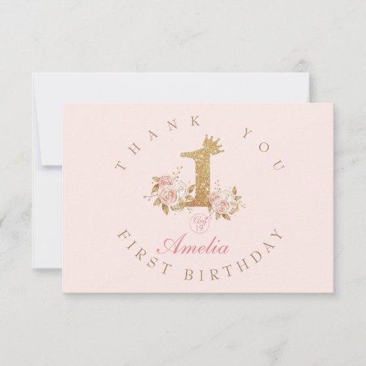 シャインピンク金ゴールドクラウンプリンセス1st誕生日パーティー サンキューカード (正面)