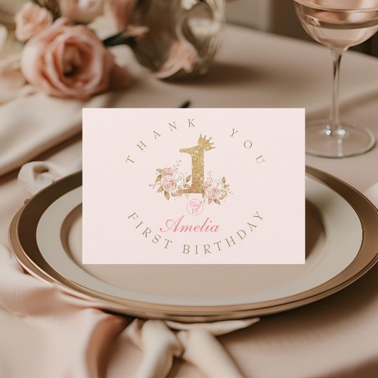 シャインピンク金ゴールドクラウンプリンセス1st誕生日パーティー サンキューカード