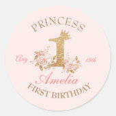 シャインピンク金ゴールドクラウンプリンセス1st誕生日パーティー ラウンドシール (正面)