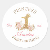 シャインピンク金ゴールドクラウンプリンセス1st誕生日パーティー ラウンドシール (正面)