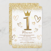 シャインファーストクラウン金ゴールドグリッターファーストバースデーパーティー 招待状 (正面/裏面)