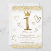 シャインファーストクラウン金ゴールドグリッターファーストバースデーパーティー 招待状 (正面)