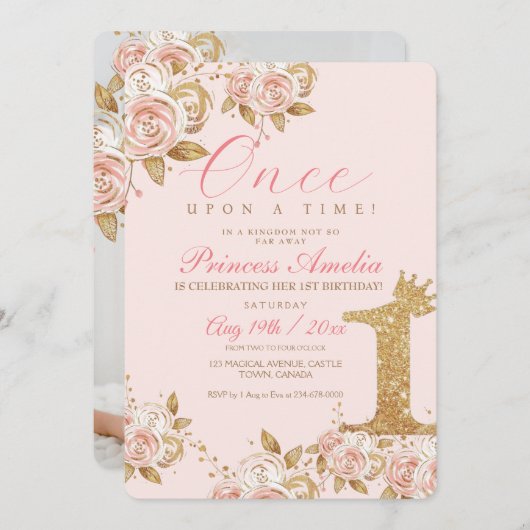 シャイン金ゴールドプリンセス1st誕生日パーティー最初 招待状 (正面/裏面)