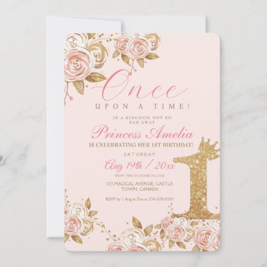 シャイン金ゴールドプリンセス1st誕生日パーティー最初 招待状 (正面)