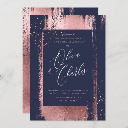 シャイン、メタリックフェイクバラ金ゴールドブラシストローク 招待状 (正面/裏面)