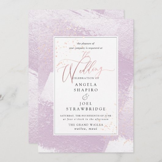 シャイン、赤面薄紫水彩+メタリックフェイク 招待状 (正面/裏面)