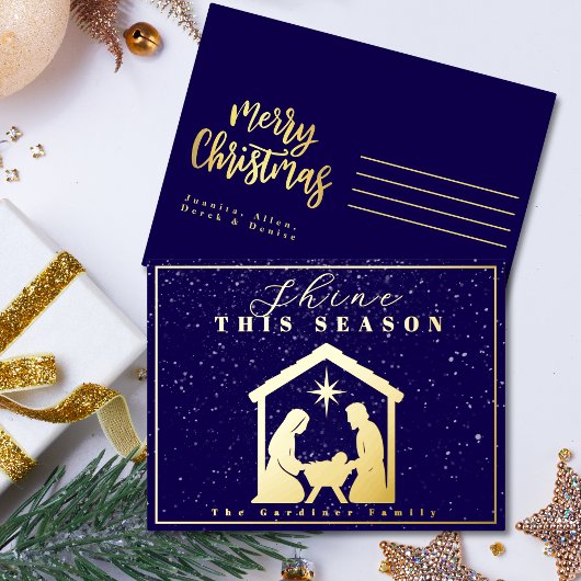 シャインthis season出生クリスマスブルー金ゴールド 箔シーズンポストカード