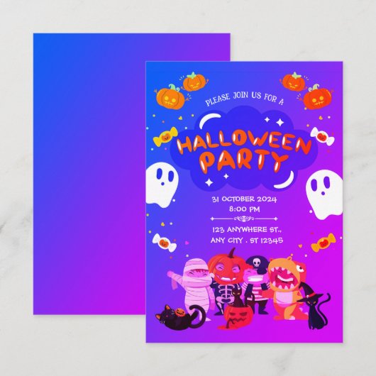 シャイヴァーズ&シェナニガンズ:パープルとブルーのハロウィン 招待状 (正面/裏面)