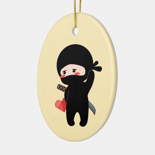 シャイ赤面忍者ホールディングオリガミハートイエロー セラミックオーナメント (左)