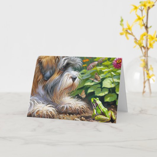 シャギー犬とカエル誕生日 カード (黄色い花)