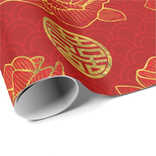 シャクヤクおよび金ゴールドの二重幸福の記号パターン ラッピングペーパー (ロールコーナー)
