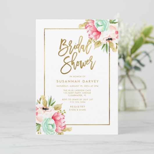 シャクヤクのパステル調の水彩画の金ゴールドの原稿のブライダルシャワー 招待状 (スタンド正面)