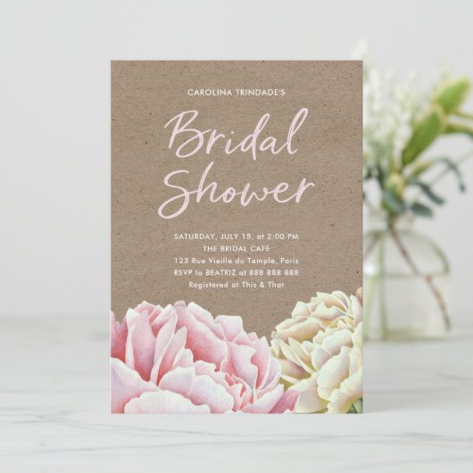 シャクヤクのブライダルシャワーの赤面のピンクの紙のクラフトの一見 招待状 (スタンド正面)