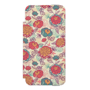 シャクヤクの花および葉パターン iPhone SE/5/5sウォレットケース