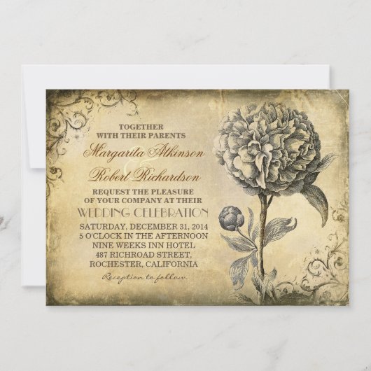 シャクヤクの開花を持つヴィンテージの素朴な結婚式招待状 招待状 (正面)