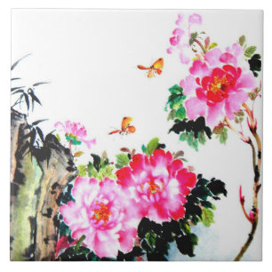 シャクヤク及び蝶中国のな水彩画の絵画 タイル