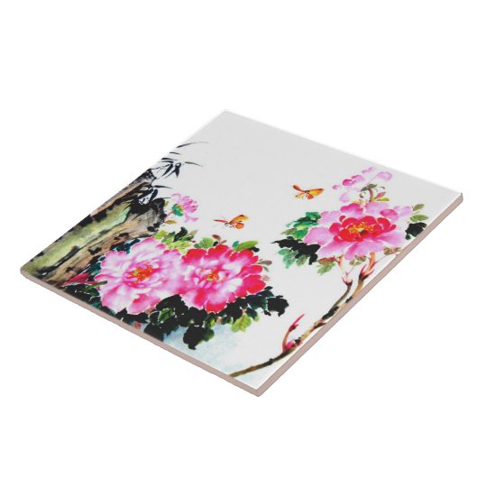 シャクヤク及び蝶中国のな水彩画の絵画 タイル (側面)