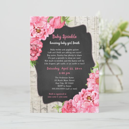 シャクヤク + 樺の木のベビーは振りかけます + おむつのラッフル 招待状 (スタンド正面)