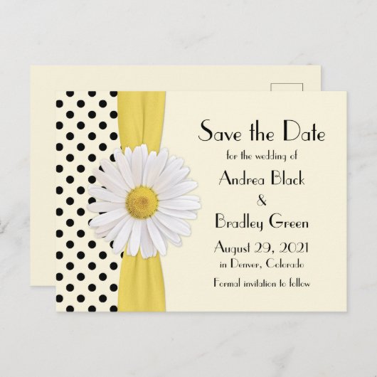 シャスタデイジー水玉模様ウェディング日付を保存 案内ポストカード (正面/裏面)