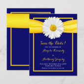 シャスタデイジー黄色のリボン ネイビーブルーの結婚式 セーブザデート (正面/裏面)