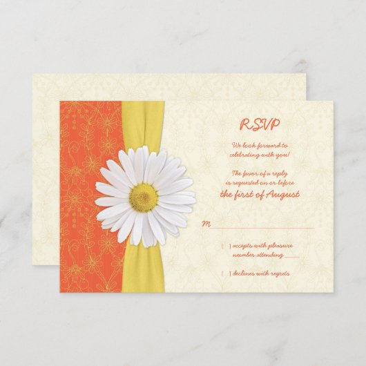 シャスタデイジー オレンジ、黄色、象牙色のウェディング返信カード 出欠カード (正面/裏面)