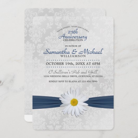 シャスタデイジー ネイビーブルー アニバーサリー パーティー 招待状 (正面/裏面)