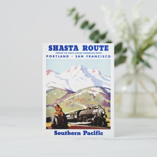 シャスタルートヴィンテージ旅行ポスター復元 ポストカード (スタンド正面)