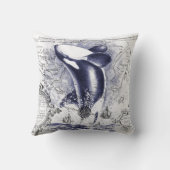 シャチのクジラのヴィンテージの地図の青 クッション (裏面)