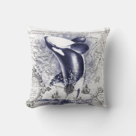 シャチのクジラのヴィンテージの地図の青 クッション