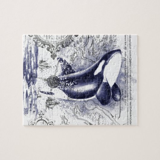 シャチのクジラのヴィンテージの地図の青 ジグソーパズル (横)