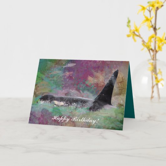 シャチのクジラの挨拶状の誕生日、よく、BonVoyage カード (黄色い花)