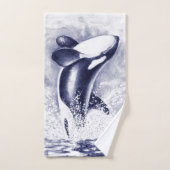 シャチのクジラの水彩画の青 バスタオルセット (ハンドタオル)