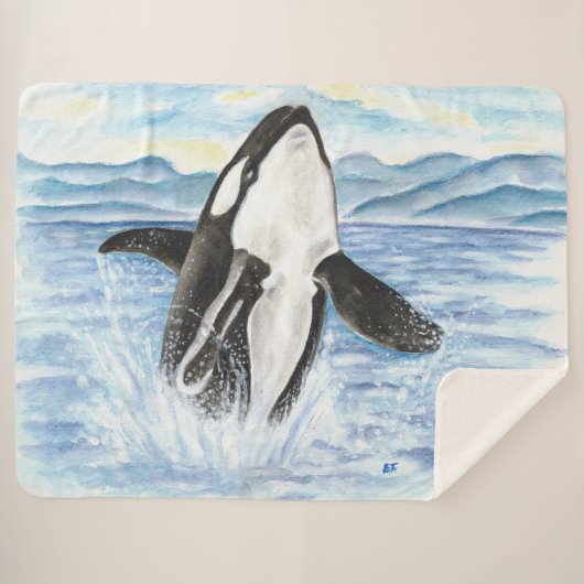 シャチのクジラの水彩画を破ること シェルパブランケット (正面(横))