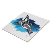 シャチのクジラの青の水彩画 タイル (側面)