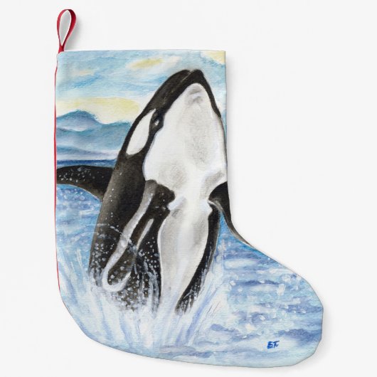 シャチのクジラを破る水彩画 スモールクリスマスストッキング (正面)