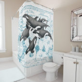 シャチのクジラ家族の古代青 シャワーカーテン (インサイチュ)