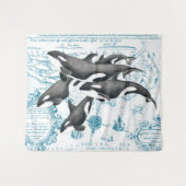 シャチのクジラ家族の古代青 タペストリー (正面(横))